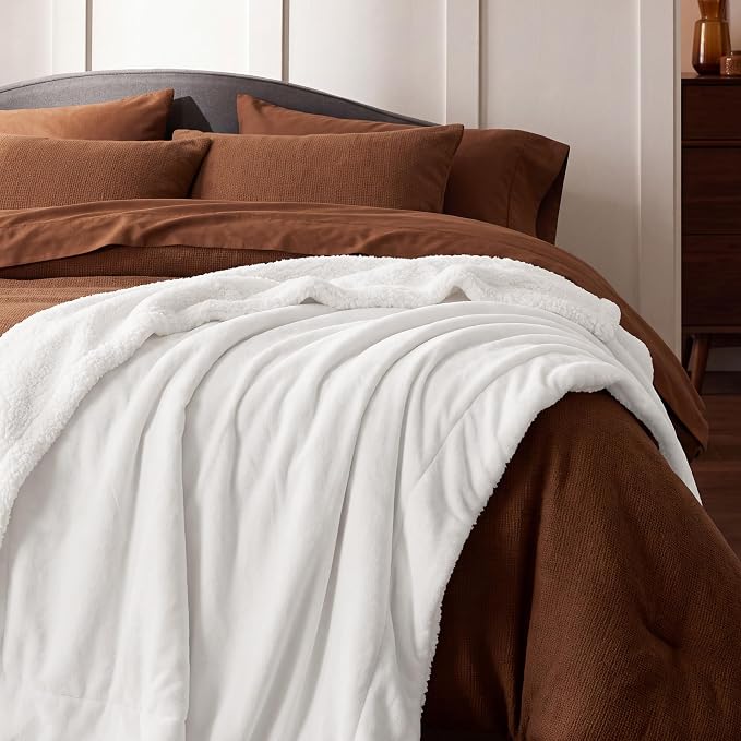 Bedsure GentleSoft Sherpa Fleece Blanket Queen Size for Bed, Non-Heated, Thick and Warm Throw for Women and Men, Soft Fuzzy Plush Queen Blanket for Winter, Bright White, 90x90 Inches