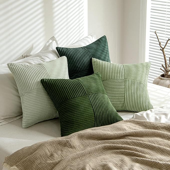 MIULEE Spring Green Decorative Throw Pillow Covers 18x18 Inch Set of 4 Boho Farmhouse Cushion Covers Mordern Nordic Pillow Cases Soft Corduroy Gradient Home Decor for Couch Sofa Living Room Bed
