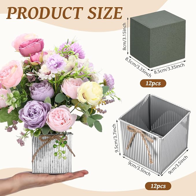 12 Pack Galvanized Square Vases with Floral Foam, 3.5 inch Waterproof Rustic Tin Buckets with Twine Bows, Mini Farmhouse Metal Planter Centerpieces for Wedding Party Table Decor(Silver)