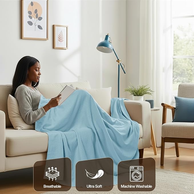 Utopia Bedding Cotton Blend Sky Blue Waffle Blanket Queen - 90x90 Inches | Lightweight, Skin Friendly, Breathable, All Season, Luxury, Bed, Couch, Sofa