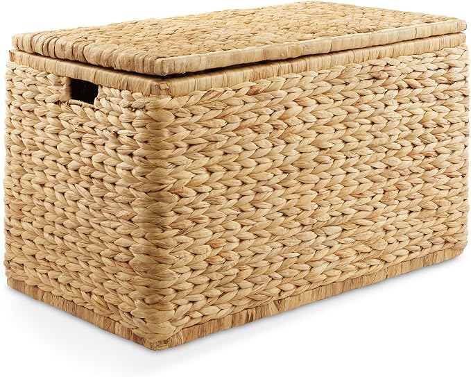 Casafield 30" Storage Chest with Lid, Handles, and Safety Hinge - Natural, Water Hyacinth Wicker Storage Trunk for Entry Way, Living Room, Bedroom