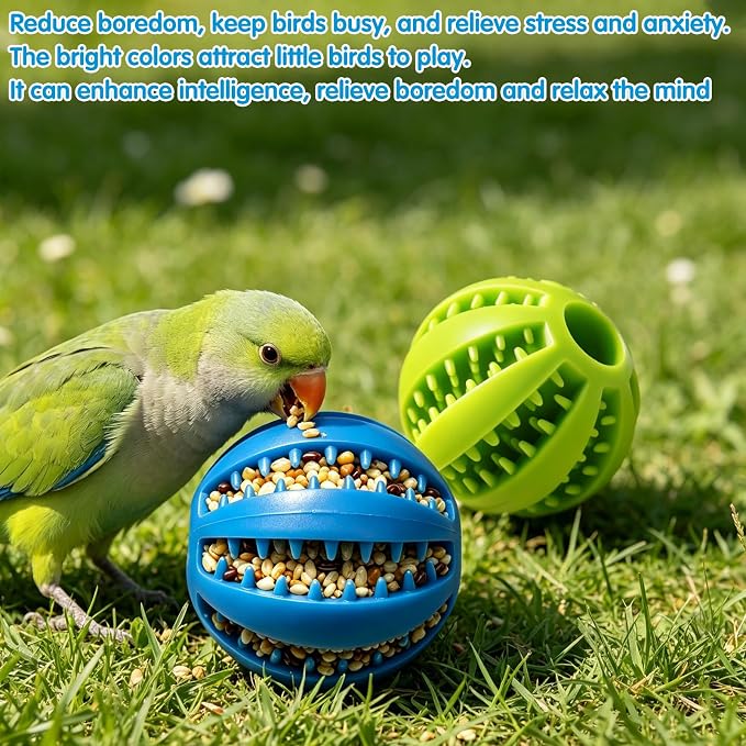 2Pcs Parrot Foraging Toys Bird Chew Balls, Interactive Feeder Treat Dispenser for Small Medium Birds Conure Parakeet Cockatiel, Long-Lasting Plastic Hanging Bell (Green & Blue)