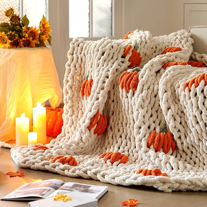 Fall Pumpkin Chunky Knit Throw Blanket 50" x 60",Beige | Large Handmade Chenille Loop Yarn Fluffy, Soft Knitted Throw, Big Cozy Thick Cable Knit Crochet Blanket, for Couch Sofa Bed