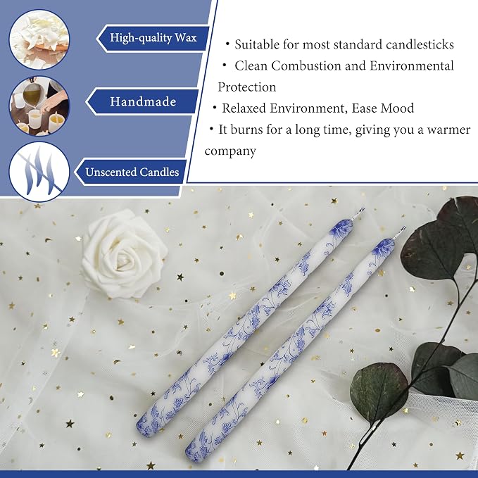 Printed Taper Candles 10 INCH Handmade Candles Unscented Smokeless Candlesticks Blue and White Porcelain Pattern Candle for Home Wedding Dinner Holiday Party