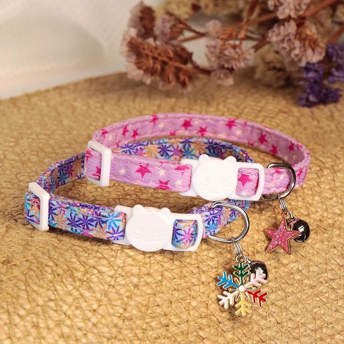 Cat Collars for Girl Cats & Boys, 2 Pack Soft Cotton Breakaway Collar with Removable Bell and Cute Charms, Adjustable Safety Pet Necklace, Colorful