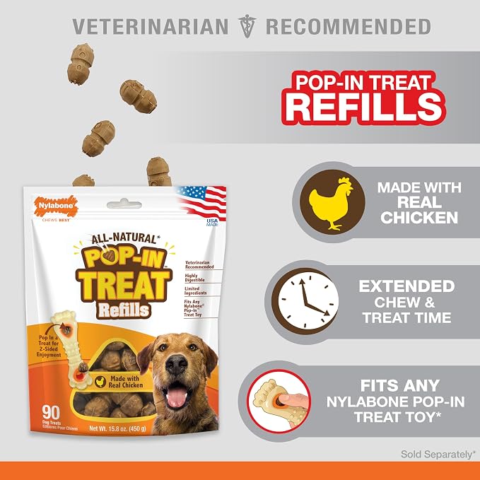 Nylabone Pop-In Treat Toy Chicken Dog Treat Refills, 30 Count | Made with real chicken, fits any Nylabone Pop-In Treat Toy, all-natural dog treats, highly digestible, limited ingredients