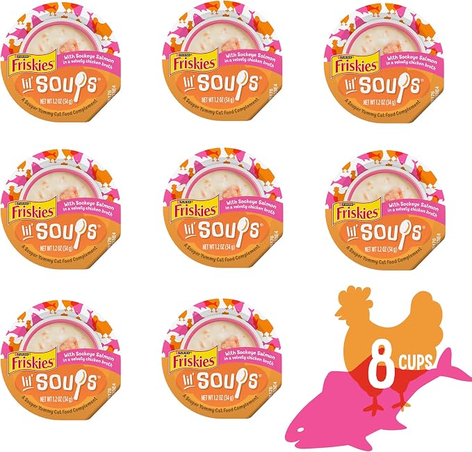 Friskies Purina Grain Free Lickable Cat Food Toppers Lil’ Soups with Sockeye Salmon in Chicken Broth - 1.2 oz. Cups,(Pack of 16)