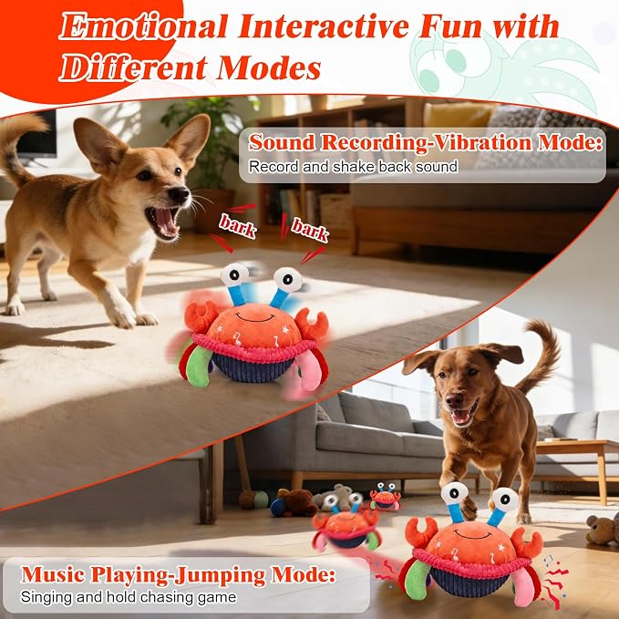 Mity rain Interactive Dog Toys with Thicken Plush, Moving Dog Toy | with Recording Mode Shaking & Singing Mode Bouncing, Funny Ball Jumping to Keep Them Busy & Chase, Rechargeable (Crab)