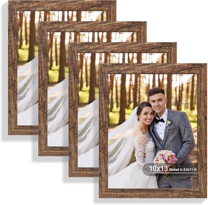 Hongkee 10x13 Picture Frame Set of 4, Made of Real Glass and Rustic Brown Frame, 10 by 13 Photo for Wall or Tabletop - Display Picture 8.5x11 with Mat or 10x13 Without Mat