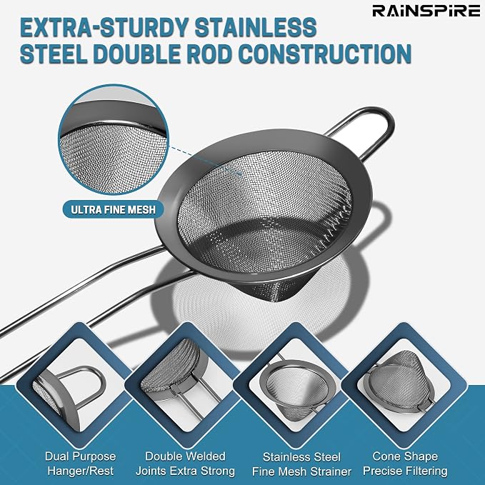 Rainspire Stainless Steel Small Strainer Fine Mesh Strainer, Mini Cocktail Strainer For Cocktails Tea Herbs Coffee & Drinks, Tea Strainer with Handle, Rust Proof, Black