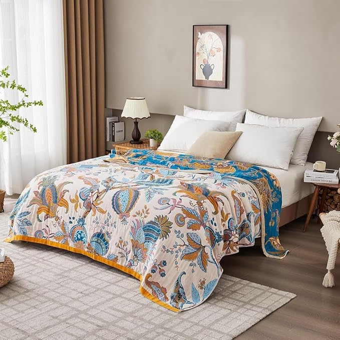Boho Throw Blanket for Bed 100% Cotton Bohemian Blankets Ultra Soft Woven Muslin Decorative Blankets All Seasons Vintage Quilt Knitted Blanket for Sofa Chair(Beige, 90"x98")