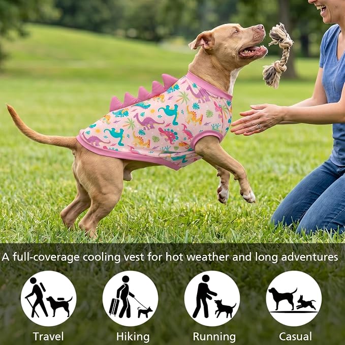 UPF 50+ Sun Protection Dog Shirt - Sleeveless Cooling Vest for Medium Dogs Girl, Quick-Dry Pet T-Shirt with Funny Dinosaur Horns, UV Protective Breathable Dog Clothes U-COSBX08M