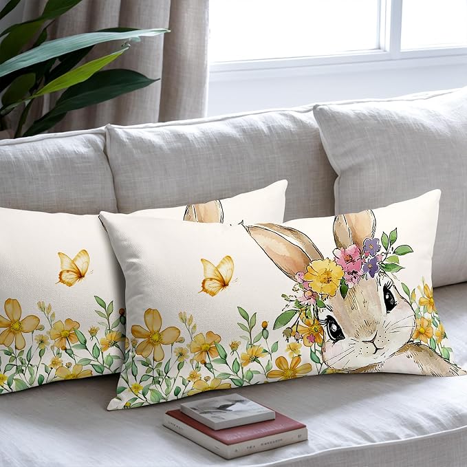 Spring Easter Bunny Lumbar Pillow Covers 12x20 Inch Set of 2 Watercolor Yellow Floral Leaf Rabbit Throw Pillow Cases Outdoor Linen Square Cushion Cover Farmhouse Decor for Bedroom Home Sofa Couch Bed