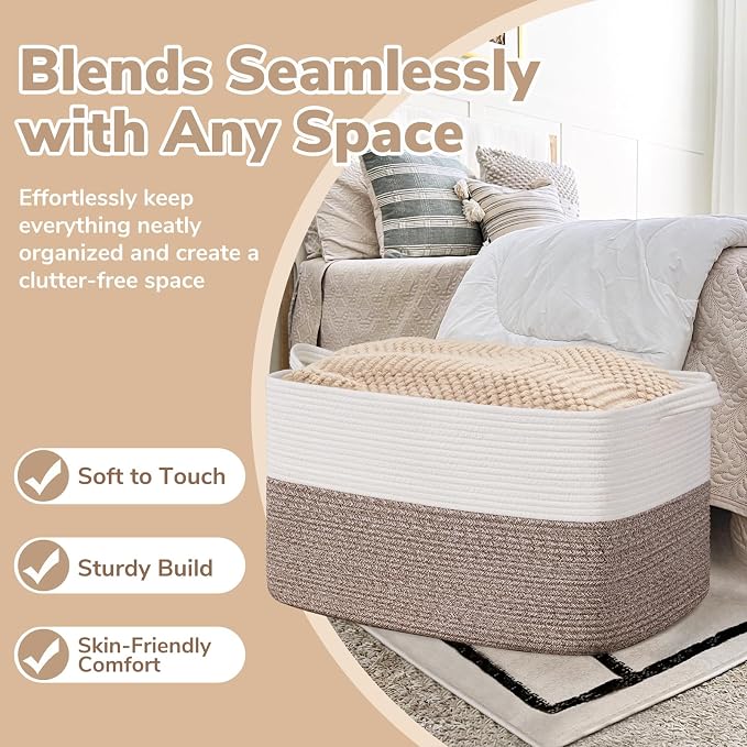 Goodpick Large Woven Rope Blanket Basket, Rectangle, White & Brown | 21.6'' x 14.9'' x 11.8'' Storage Basket for Blankets & Toys, Living Room, Bedroom & Nursery Organization, Reinforced Handles