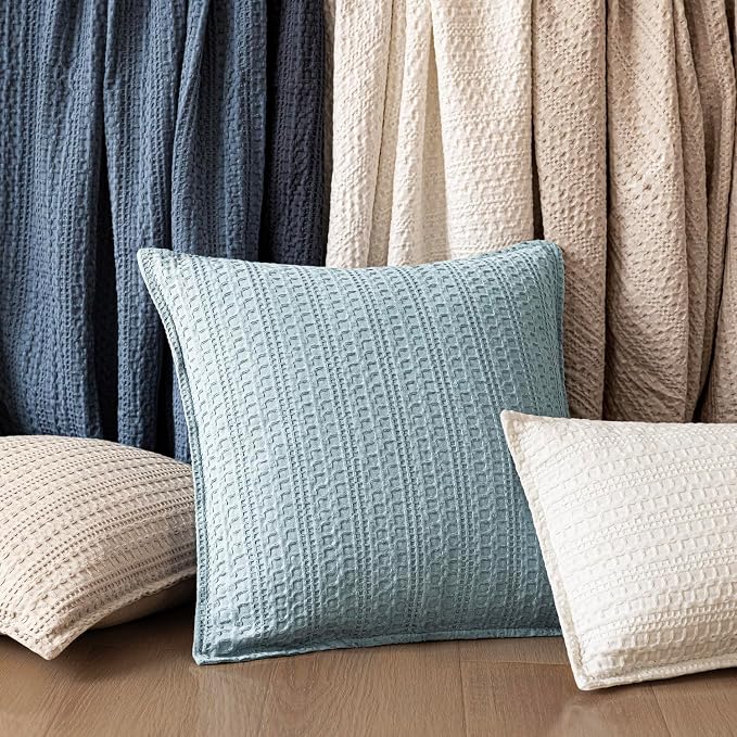 Foindtower Set of 2 Decorative Cotton Waffle Weave Lumbar Throw Pillow Cover Euro Sham Cushion Covers Accent European Pillowcase For Bed Couch Sofa Bedroom Living Room Home Decor 12×20 Inch Light Blue