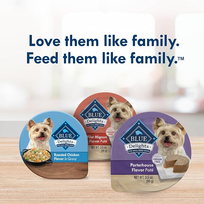 Blue Buffalo Delights Porterhouse Small Breed Wet Dog Food, 3.5 oz, 12 ct | Adult Formula, Grain-Free, Pate Style, Real Beef First, in Savory Juice, No Corn, Wheat, or Soy