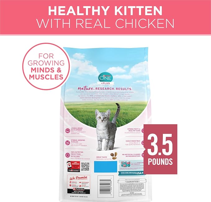 Purina ONE High Protein Natural Kitten Dry Cat Food, 3.5 lb Bag | Made with real chicken and DHA to support brain development and a healthy immune system for growing kittens.