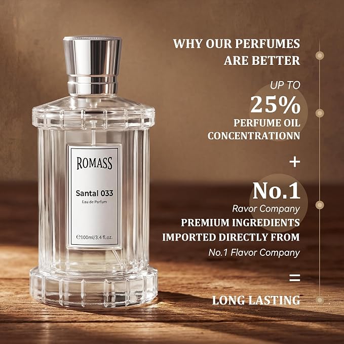 ROMASS Santal 033 Unisex EDP Parfum Spray 100ML Aromatic Woody Fragrance with Cardamom Violet Cedarwood Sandalwood Vetiver Musk Leather Violet