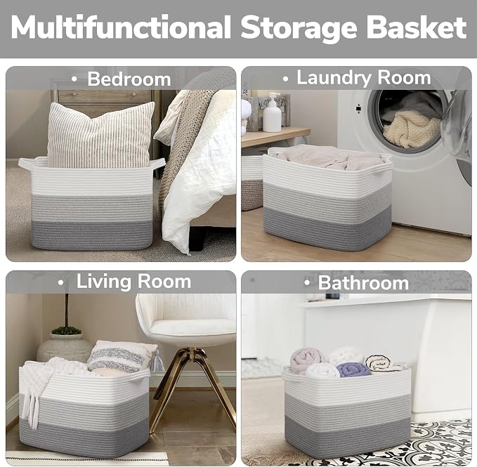 Goodpick 50L Large Woven Storage Basket, 18" x 14" x 12", Gradient Gray | Stylish Gift Basket for Home Decor, Cotton Rope Baskets for Toys & Nursery Essentials, Living Room & Bedroom Organization