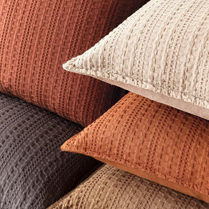 Foindtower Set of 2 Decorative Cotton Waffle Weave Throw Pillow Covers Euro Shams Cushion Covers Accent European Pillowcase for Bed Couch Sofa Bedroom Living Room Home Decor 18×18 Inch Burnt Orange
