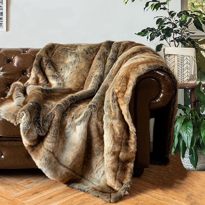 BATTILO Luxury Brown Faux Fur Throw Blanket for Couch,50"x60", Shaggy | Super Thick Warm Elegant Cozy Plush Furry Fuzzy Fluffy Faux Fur Blankets for Bed, Sofa, Living Room, Home Decor