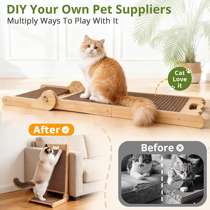 4-in-1 Adjustable Cat Scratch Pad, Nature Cork Scratching mat, 32 inch Foldable Wooden Post. Easy Install, Durable Design for Indoor Cats