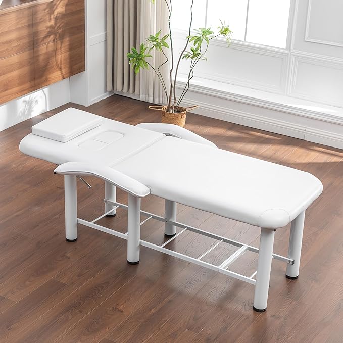 Professional Massage Salon Bed 73.6 Inch with Handrail, Stationary Physical Therapy Treatment Table with Removable Headrest & Chest Cushions, Spa Facial Esthetician Bed with Adjustable Backrest