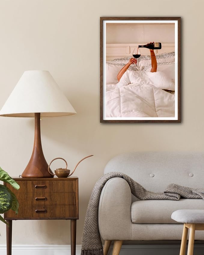 EcoHest 12x16 in Woman Drinking Wine in Bed Framed Wall Art for Bedroom | Walnut Color Solid Oak Frame, Canvas Wall Art, Feminist Wine Wall Decor for Bedroom, Bathroom, Dorm Room, College Room, 1Pack