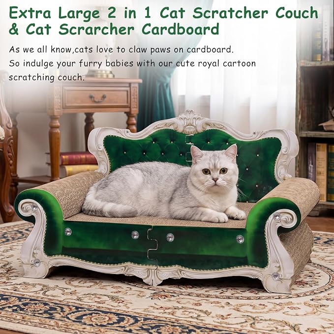 Luxury Cardboard Cat Scratcher Sofa Bed, Couch Shaped Cat Scratching Board, Cat Scratch Lounge with Catnip, Cat Scratcher for Indoor Cats (Green Crown)