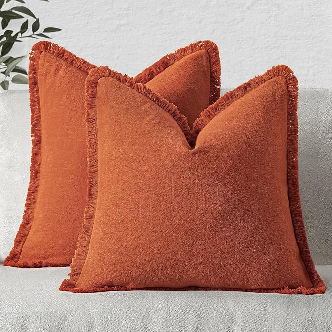 MIULEE Linen Fringe Decorative Fall Throw Pillow Covers Burnt Orange 20x20 | Set of 2, Cottagecore Decor, Boho Farmhouse Neutral Pillow Covers, Rustic Fall Couch Cushion Cases for Sofa Bed Living Room