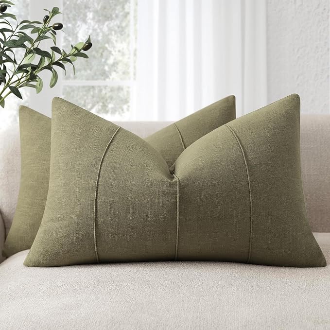 Christmas Linen Throw Pillow Covers 12x20 Set of 2 Solid handcrafted Striped Cushion Covers for Bed Soft Xmas Decorative lumbar Pillow Covers for Couch Bedroom Living Room Christmas Decor(Olive Green)