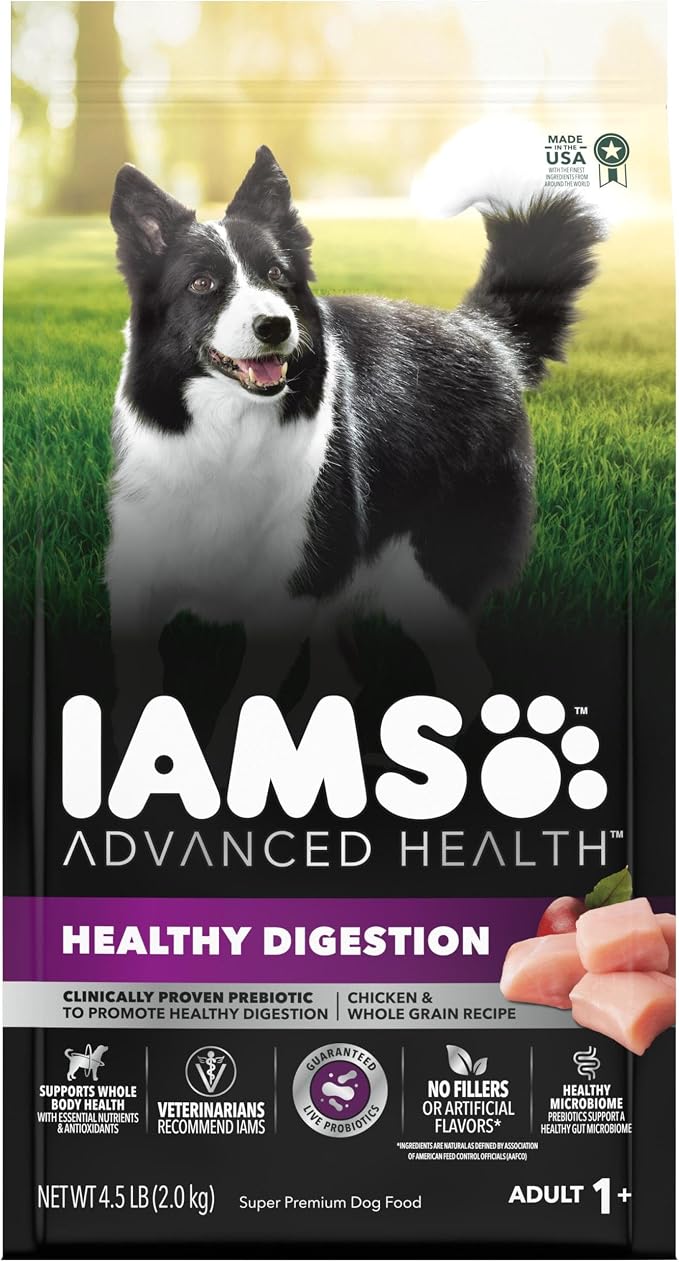 IAMS Advanced Health Healthy Digestion Dry Dog Food, Chicken, 4.5 lb | Real farm-raised chicken #1 ingredient, 0% fillers, natural fiber & prebiotics, supports digestive health