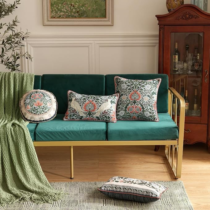 Vintage Linen Throw Pillow Cover,Set of 2,Diameter 16"-Naples B | Designer Elegant Round Pillow Cover,Concealed Zipper Design,Floral Pattern,Sofa,Bedroom,Living Room,Lounge Chairs