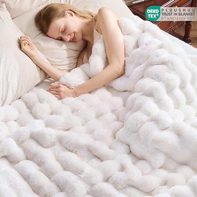Faux Fur Throw Blanket for Couch, Fluffy Fuzzy Plush Bubble Blanket, Soft Warm Cozy Shaggy Rabbit Blanket, Luxury Decorative Gifts for Sofa Bedroom Living Room, 90x90inch (Beige)
