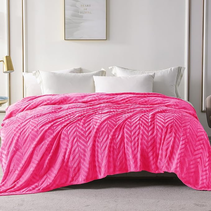 Whale Flotilla Flannel Fleece Fall Bed Blanket Twin Size, Hot Pink | Lightweight Breathable Soft Bedspread, Plush Fluffy Coverlet Chevron Design Decorative Blanket for Home Life, 60x80 Inch