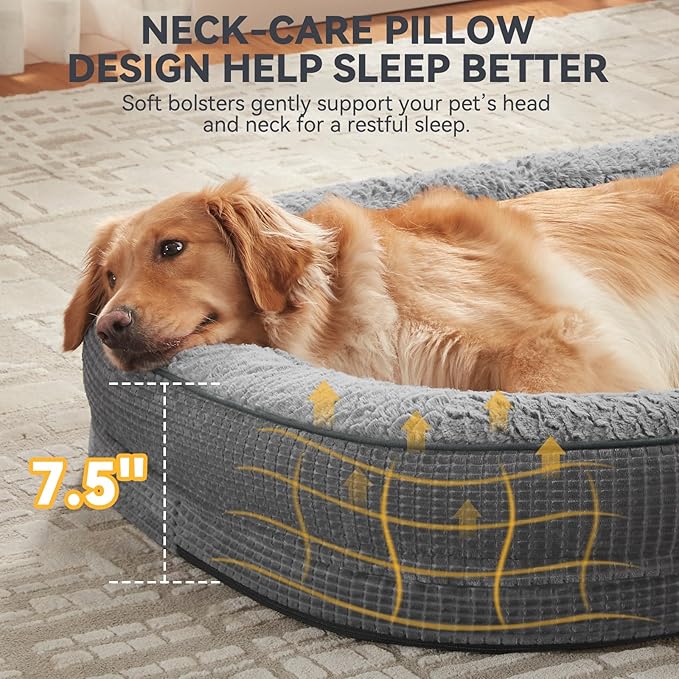 JOEJOY Orthopedic Dog Bed for Extra Large Dogs, XXL Egg-Crate Memory Foam Pet Bed with Bolster Sides, Waterproof Lining, Removable Washable Cover & Non-Slip Bottom, Grey