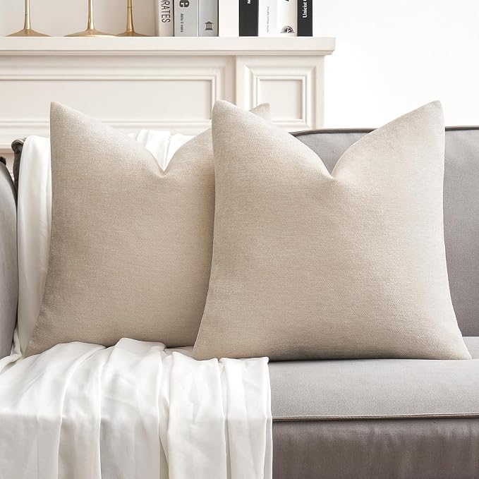 MIULEE Pack of 2 Cream Decorative Pillow Covers 18x18 Inch | Soft Chenille Couch Throw Pillows Farmhouse Cushion Covers for Home Decor Sofa Bedroom Living Room
