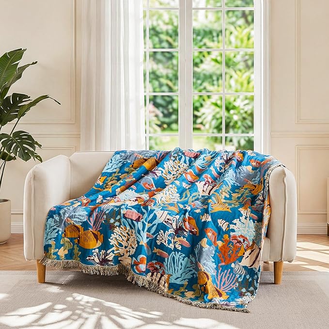LUTBM Boho Throw Blanket for Couch 50"x60", Cotton Decorative Bed Throw | Underwater Ocean Life Jacquard, All-Season Muslin Blankets, For Chair Sofa Living Room Decor, Lightweight & Breathable Gauze