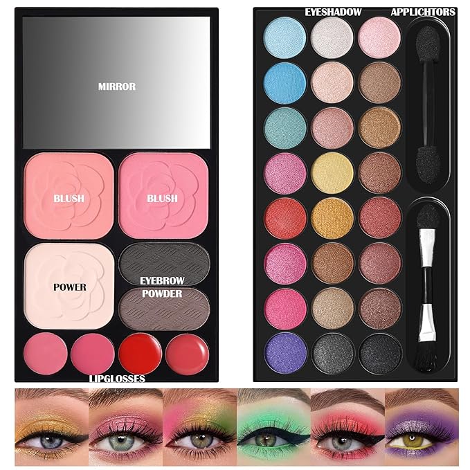 All in One Makeup Kit for Women Full Kit - 24 Eyeshadow, 4 Lipsticks, 2 Blushers, 1 Powder, 2 Eyebrow Powder, 1 Mirror, 2 Double Ended Brush, Makeup Gift Set for Teen Girls Women Beginner and Pros