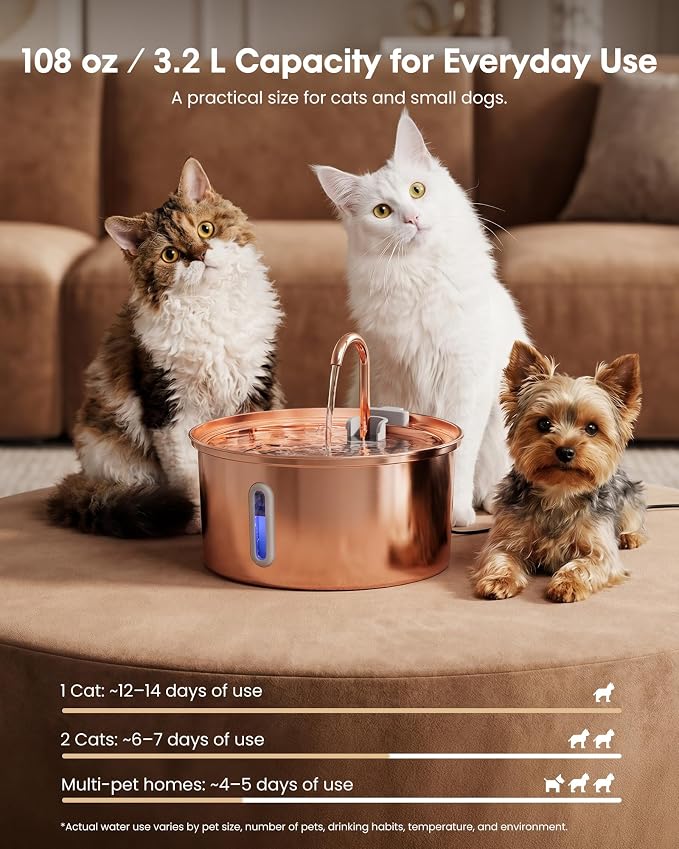 Tomxcute Stainless Steel Cat Water Fountain with Copper Plated,108oz | For Cats and Dogs,Visible Window,Copper-plated 304,Ultra Quiet Pump,Soft LED Night Light