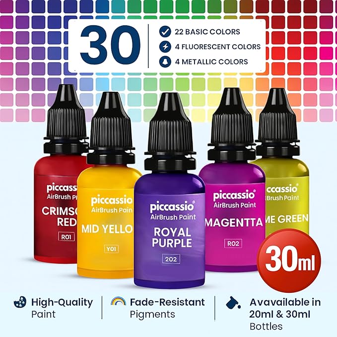 Airbrush Paint, 30 Water-Based, Quick-Drying Colors for Artists & Beginners, Ideal for Wood, Ceramic, Paper, Plaster, Canvas, Plastic (30 ml/bottle)