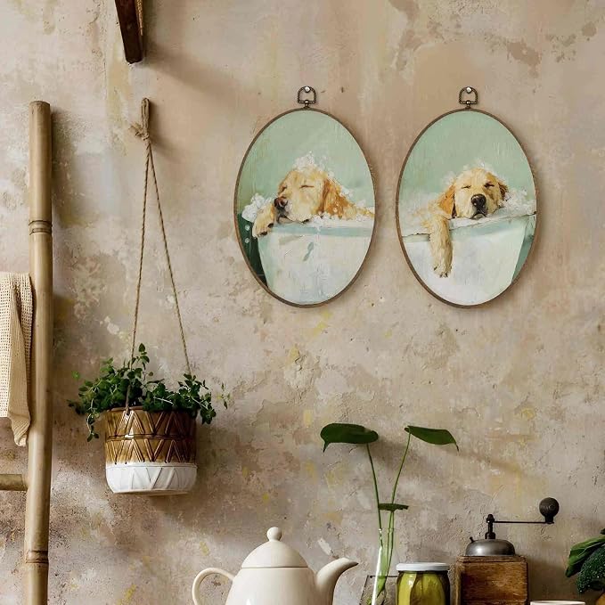 LKETW Funny Golden Retriever Bathroom Oval Wall Art Decor, Golden Retriever Gifts Oval Canvas Hanging Decor, Dog Sleeping in Bathtub Wall Decorations for Bathroom Washroom, 8.6x11.4 Inch Set of 2