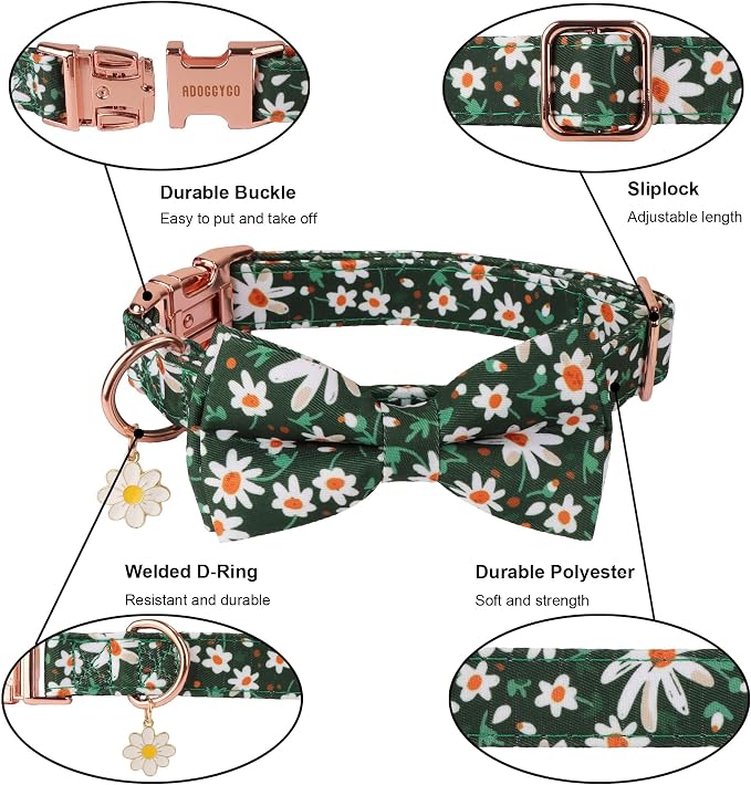 ADOGGYGO Floral Girl Dog Collar with Bow Tie, Cute Daisy Bowtie, Large