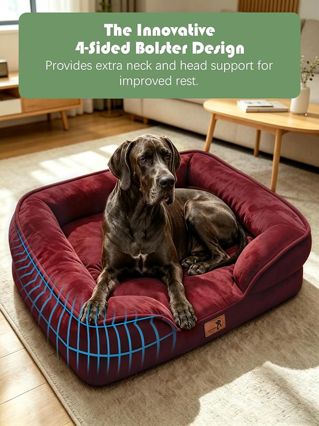 Spotted Play Orthopedic Dog Bed with Sides - Sofa Beds for Extra Large Dogs, Supportive Foam Pet Couch Bed with Washable Removable Cover, Waterproof Lining and Non-Slip Bottom, Burgundy - XXL
