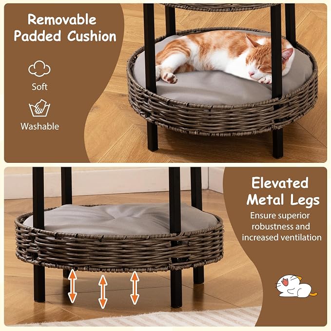 Tangkula 2-Tier Rattan Cat Nest, Wicker Kitten Condo with Removable Padded Cushion, Raised Cat Bed for Small Animals, Indoor & Outdoor Elevated Pet Shelter for Home, Deck, Balcony