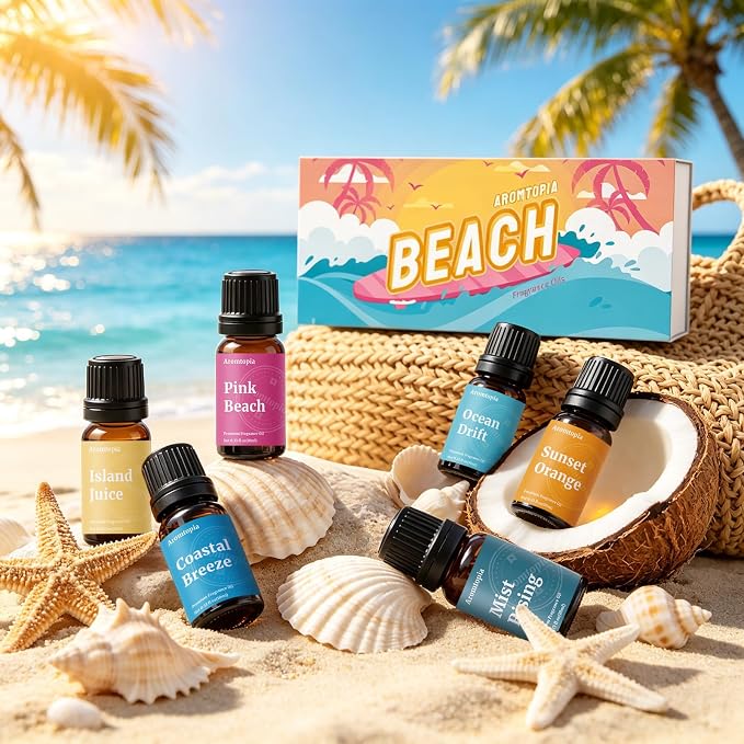 Beach Essential Oils, Aromtopia Diffuser Fragrance Oils Set, 6x10ml, Essential Oils for Diffusers for Home, Candle Soap Making Scents, Pink Beach, Ocean Drift, Coastal Breeze and More