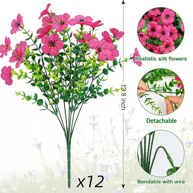 12 Pcs Artificial Flowers for Outdoors Decorations, Rose Red | Lifelike silk flowers, UV resistant, faux plastic plants, for garden porch window table vase home indoor outdoor decor