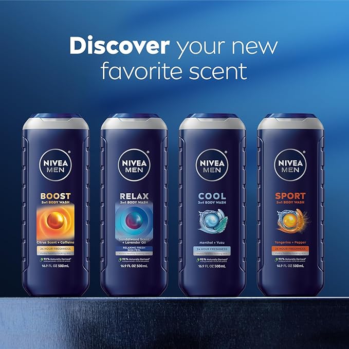 NIVEA MEN Relax Body Wash, Lavender and Sandalwood Scent, 3-in-1 Men's Body Wash, Face and Hair, Paraben Free, Vegan Formula, pH-Skin Friendly, 16.9 Fl Oz Bottle, Pack of 3