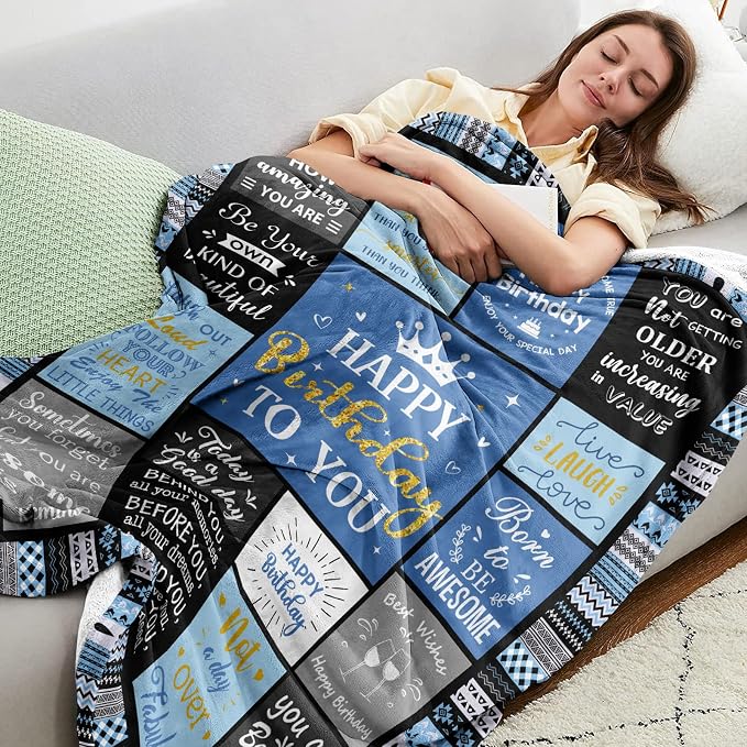 Ivivis Birthday Gifts for Women Girls Throw Blanket 60"X50" Blue, Happy Birthday Decorations for Woman, Gifts for Women Birthdays Unique, Womens Bday Gift Ideas for Her Friend Mom Sister Grandma Wife