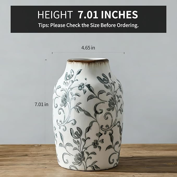 SIDUCAL Ceramic Vintage Vase, 7 Inch Retro Ice Cracked Chinoiserie Floral Vase, Rustic Farmhouse Vases for Home Decor, Bookshelf, Office, Garden, Chinoiserie Decor, Tuscan Decor, Gray Floral Pattern